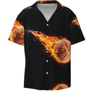 Basketbal On Fire Print Heren Jurk Shirts Atletische Slim Fit Korte Mouw Casual Business Button Down Shirt, Zwart, 3XL