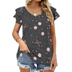 Universum met planeten en sterren grafische blouse top voor vrouwen V-hals tuniek top korte mouw volant T-shirt grappig