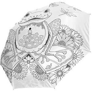 Kikker Witte Bloem Libel Automatische Opvouwbare Paraplu UV-bescherming Auto Open Sluiten Vouwen Winddicht Zonblokkering voor Reizen Strand Vrouwen Kinderen