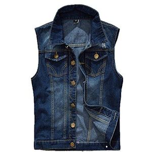 Mannen Mouwloos Denim Vest Casual Jeans Gilet Jas Zakken Claasic Slim Cowboy Vest Uitloper, Blauw, L