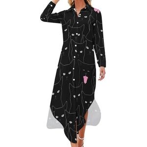 Zwarte kat Maxi-jurk voor dames, lange mouwen, knoopjurk, casual feestjurk, lange jurk, 4XL