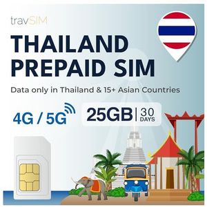 travSIM Thaise Simkaart | 25GB Data met 4G/5G Snelheid | Werkt op iOS en Android toestellen | De Prepaid Simkaart Thailand is 30 dagen geldig.