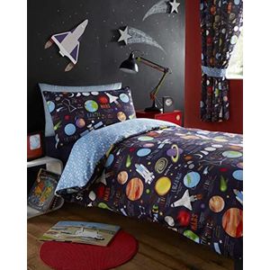 Kidz Club Dekbedovertrek voor eenpersoonsbed en een kussensloop, planeetmotief, zwart, PPLAD1, donkerblauw, 36 x 26 x 3 cm