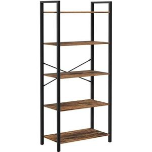 VASAGLE LLS061B01 Rek met 5 niveaus, boekenkast, met stalen frame, voor woonkamer, kantoor, entree, industriële stijl, rustiek bruin en zwart
