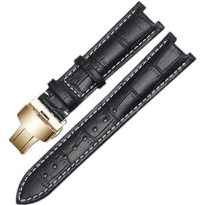 Jeniko Echt lederen horlogeband Compatibel met GC-polsband 22 * 13mm 20 * 11mm Gekerfde band met roestvrijstalen vlindergesp (Color : Black white gold, Size : 20-11mm)