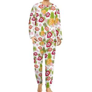 Ananas Bloemen Comfortabele Heren Pyjama Set Ronde Hals Lange Mouw Loungewear met Zakken 5XL