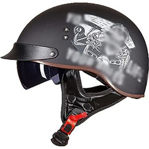 Retro Solide Motorfiets Half Shell Jet Helm Mannen Vrouwen, Open-face Motor Zwarte Helmen DOT/ECE Goedgekeurd, Scooter Chopper Motorhelm Met Vizier (Color : A, Size : Medium)