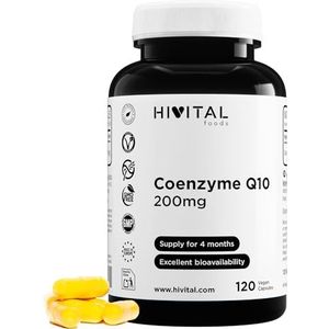 Co-Enzym Q10 200 mg. 120 veganistische capsules voor 4 maanden behandeling. Pure 100% natuurlijke CoQ10 Ubiquinone verkregen door fermentatie. Gefabriceerd in Europa door HIVITAL