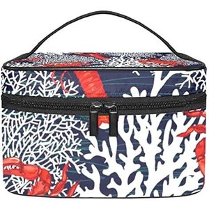 Make-up Organizer Bag, Reizen Make-up Tas Organizer Case Draagbare Cosmetische Tas voor Vrouwen en Meisjes Toiletartikelen Rode Rivierkreeft Krab Zee Wit Koraal, Meerkleurig, 22.5x15x13.8cm/8.9x5.9x5.4in