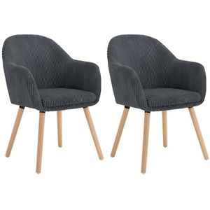 WOLTU EZS26dgr-2 Eetkamerstoelen, set van 2, keukenstoel, woonkamerstoel, gestoffeerde stoel, modern design met armleuning, zitting van corduroy, frame van massief hout, donkergrijs