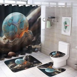 DEBAOKA 4 Stks Fantasy Agaat Steen Badkamer Sets met Douchegordijn Tapijten Matten Accessoire Blauwe Steen Moderne Boomtak Badkamer Decoraties Sets met Antislip Tapijten Toilet Deksel Cover Bad Mat