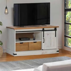Iiaky 4018410 TV-kast HALDEN met schuifdeur wit 110x40x60 cm massief houtvrije combinatie verstelbare tv-kast media entertainment center opbergplank, moderne tv-unit consoletafel voor het leven