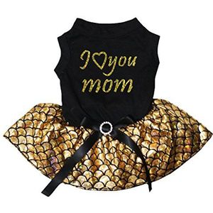 Petitebelle Ik hou van je Moeder Katoen Shirt Tutu Puppy Kleding Jurk, X-Large, Black/Gold Mermaid