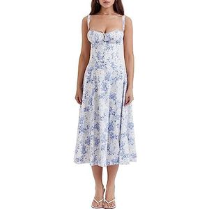 Print Bustier Sundress, Cutout Backless, Spaghetti Strap Sleeveless Split, Women's Summer Beach Casual Maxi Dress (M,White Blue)