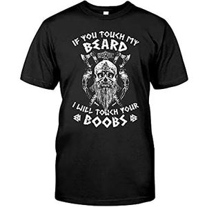 Viking T-Shirt Voor Mens Norse Mythe Odin Graffiti Zwart Korte Mouw Grappige Streetwear,Touch my beard,XL