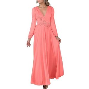 KIYNE Dames V-hals chiffon moeder van de bruid jurken met kant appliqué formele trouwjurk feestjurk, Koraal, 32