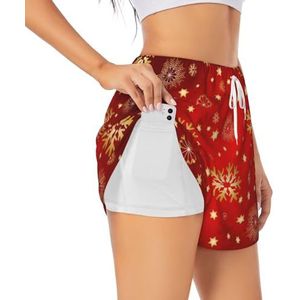 Rode Achtergrond Gouden Sneeuw Print Vrouwen Hoge Taille Atletische Workout Shorts Dual-Layered Gym Shorts Casual Comfortabele Sport Shorts, Wit, S