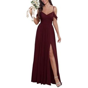 KURFACE Bruidsmeisjesjurken met blote schouders voor dames, met split en V-hals, chiffon, formele avondjurk, Bordeaux, 32