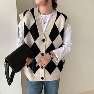 Gilets - Beige - Klassieke Vintage Argyle Geruite Jacquard V-Hals Mouwloos Vest