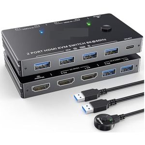 USB 3.0 KVM-switch 8K60Hz met 3 USB 3.0-switches for 2 computers die 1 monitor delen, toetsenbord en muis met 2 USB-kabels,Schakelde soepel
