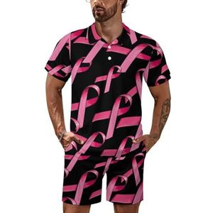 Roze satijnen lint borstkanker heren poloshirt set korte mouwen trainingspak set casual strand shirts shorts outfit 2XL