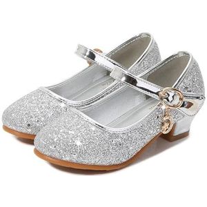 GSJNHY Prinsessenschoenen voor meisjes, prinsessenschoenen met hoge hakken voor meisjes, leren schoenen voor feestjes, Silvery Schoenen, 29 Length(18.5cm)