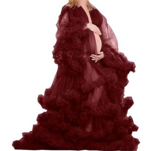 Lange Mouw Geplooide Moederschap Tule Gewaad Voor Fotoshoot Zwangere Badjas Pure Lingerie Nachtjapon AH151, Bordeaux, 32