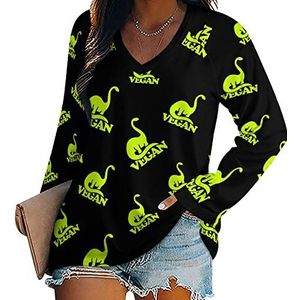 Vegan Dinosaur Dames Lange Mouw V-hals T-shirts Herfst Tops Trui Tuniek Tee voor Leggings