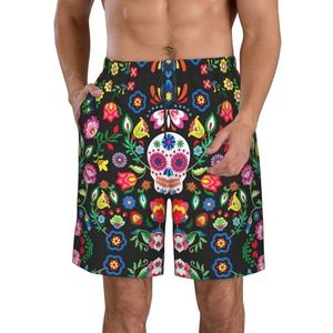 FRGMNT Suiker en schedels en bloemen print heren sneldrogende zwembroek strand korte plank spa trunks rekbare gym shorts surfen short, Suiker en schedels en bloemen, XXL