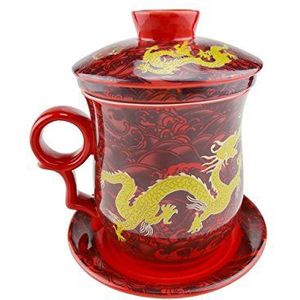 Gele Draak Patroon Chinese theemok, handgemaakte bone china theebeker rode theebeker met filter, deksel en schoteltje, voor cadeau en thuis, kantoor, 300 ml