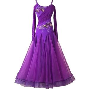 FZHQNZJF Balzaal Competitie Jurk Standaard Grote A-Lijndans Prestaties Kostuums Wals Rok met Strass-Borduurwerk Lange Mouw Flamenco Salsa Kleding,H,L