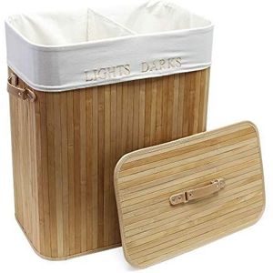 Wiltec bamboe wasmand 105 liter in natuurkleur 52 x 32 x 63 cm, wassorteerder met linnen waszak, rechthoekige wasbox met twee compartimenten, waskorf met handvaten en deksel