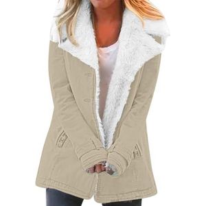 OnaiC Winterjas dames gevoerd - teddy jas fleece overgangsjas Fausching Witerjas Lange Revers Korte Jas Sportieve Pluche Jas Verdikte Sprotjas Warm Winddicht Outdoorjas, beige, M