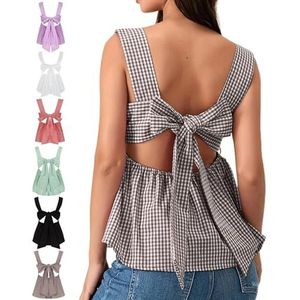 Vrouwen Tanktops Met Ruches En Peplum, Zomerse Mouwloze Geruite Crop Top Met Strik Op De Rug Camisole Met Vierkante(Gray,L)
