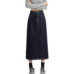 Dames Casual Mid Denim Rokken Achtersplit Hoge Taille A-Lijn Losse Pasvorm Rechte Lange Jeansrokken Met Zakken,Dark blue,L