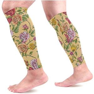 EZIOLY Bloemen Rozen Sport Kalf Compressie Mouwen Been Compressie Sokken Kalf Guard voor hardlopen, Fietsen, Moederschap, Reizen, Verpleegkundigen