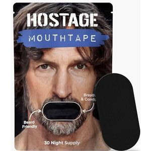 Hostage Tape mondtape: baard- en CPAP-vriendelijk, voorkomt snurken en mondademhaling. Comfortabele kleefstof, eenvoudig aan te brengen. 30 zwarte strips per pak.