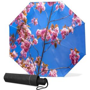 GISPOG Automatische opvouwbare paraplu, roze bloemen lucht waterdichte compacte zon en regen reisparaplu's voor dames en heren, 1 kleur, Eén maat