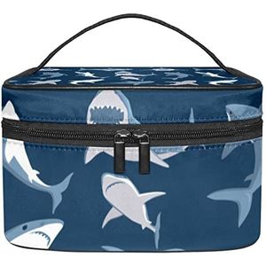 Blauwe haaien patroon marine achtergrond make-up organizer tas, reizen make-up tas organizer case draagbare cosmetische tas voor vrouwen en meisjes toiletartikelen, Meerkleurig, 22.5x15x13.8cm/8.9x5.9x5.4in