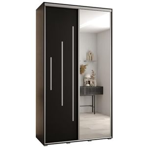 MEBLE KRYSPOL Davos 13 130 Kledingkast met twee schuifdeuren voor slaapkamer - Moderne Kledingkast met spiegel, kledingroede en planken - 235,2x130x45 cm - Zwart Zwart Zilver