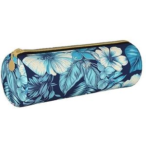 TOMPPY Bloemen Patroon Gedrukt Etui Lederen Potlood Pouch Draagbare Briefpapier Organizer Potlood Houder Make-up Tas met Ritssluiting, Blauw, Eén maat, Make-up zakje