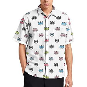 Raccoons T-shirt met korte mouwen voor heren, casual button-down, zomer, strand, top met zak