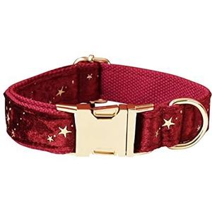 Gepersonaliseerde halsband Kerst Rood Fluwelen Vlinderdas Pet Collar en Leash Set met Golden Stars Festival Hond Sterke bescherming veilige dierenriem (Kleur: wit, Maat: XL hals 37-60cm)