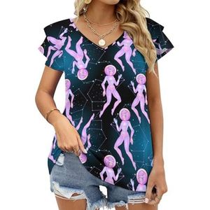 Leuke Astronaut Meisje Vliegen in de Ruimte Grafische Blouse Top Voor Vrouwen V-hals Tuniek Top Korte Mouw Volant T-shirt Grappig