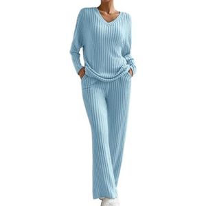 Tweedelig gebreid pak voor dames, vrijetijdspak, V-hals, broekpak, lange mouwen, geribbelde gebreide trui + rechte broek, gebreid sportpak, zacht huispak, losse loungeset, yoga-trainingspak, blauw, M