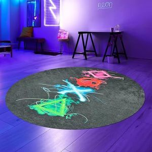 Teppich-Traum Vloerkleed, gamingkamer, onderhoudsvriendelijk, robuust, lichtgevende symbolen met neonkleuren, kleurrijk, 120 cm, rond