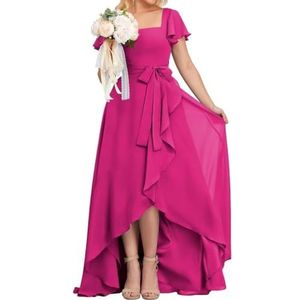 High-Low Prinses Bruidsmeisjesjurken Vierkante Hals Galajurk Chiffon Formele Avondfeestjurk met Mouwen, roze (hot pink), 34
