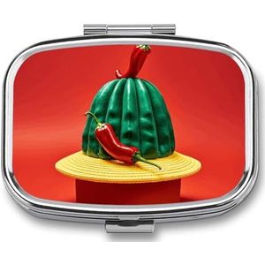 Pillendoos 2 compartimenten pillenorganisator hoed en chilipeper reispillenetui met spiegel vierkante metalen pillencontainer wekelijkse medicijnplanner vitamine-organizer voor zak