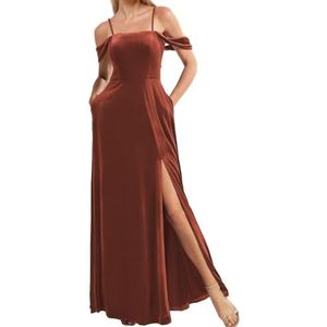 Fluwelen Bruidsmeisjes Jurken Spaghetti Bandjes Prom Jurken Koude Schouder Formele Avond Party Gown ZM191, Verbrand Oranje, 32