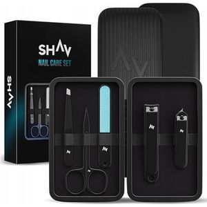 Shav Manicureset voor mannen, 5-delig, nagelverzorgingsset van roestvrij staal met etui, schaar, nagelknipper vijl, pincet, pedicure, compact voor op reis en thuis